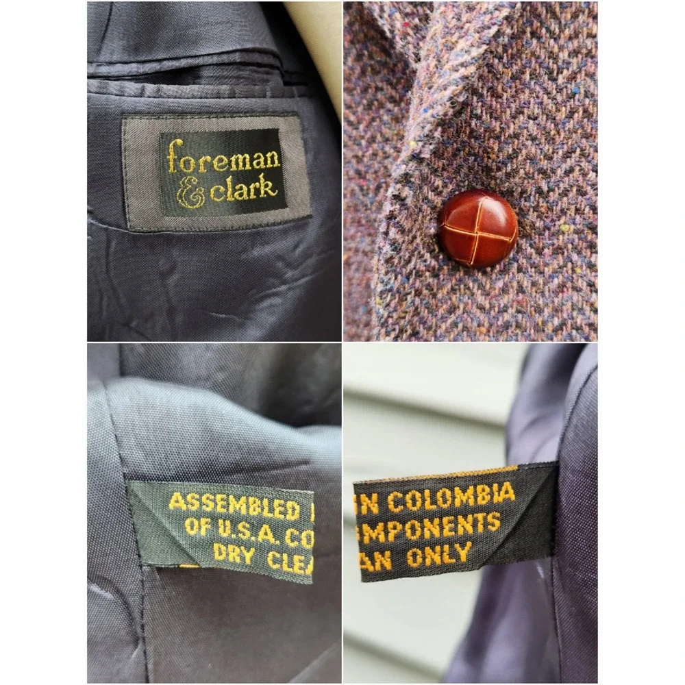 Vintage Foreman & Clark Blazer Purple‎ Brown Herringbone Tweed Elbow Patches Lg